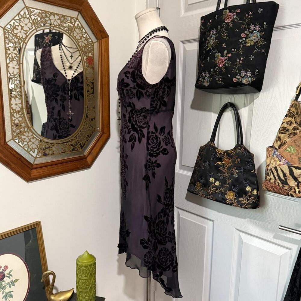 VTG Y2K Robbie Bee Black & Pink/Purple Floral Velvet Burnout Beaded Silk Dress - Picture 4 of 8